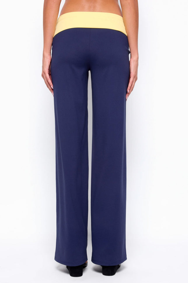 Dayna Contrast Foldover Straight Leg Pants - Navy