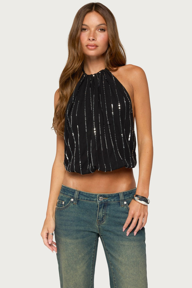 Neala Backless Sequin Chiffon Halter Top