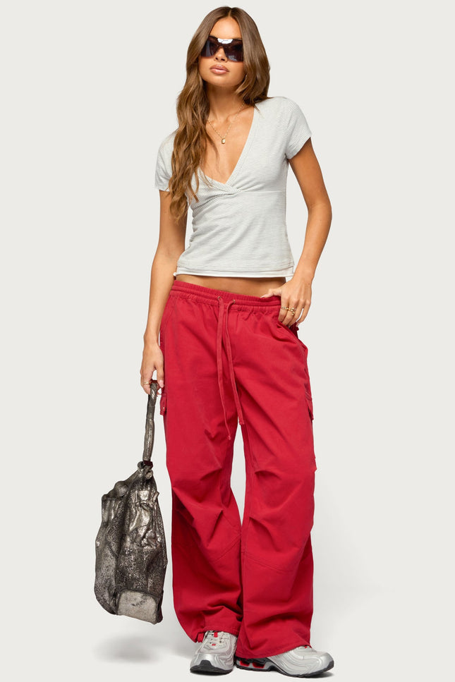 Yannah Striped Layered V Neck Top - Light Gray Melange And White