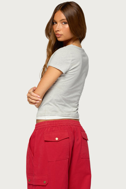 Yannah Striped Layered V Neck Top - Light Gray Melange And White