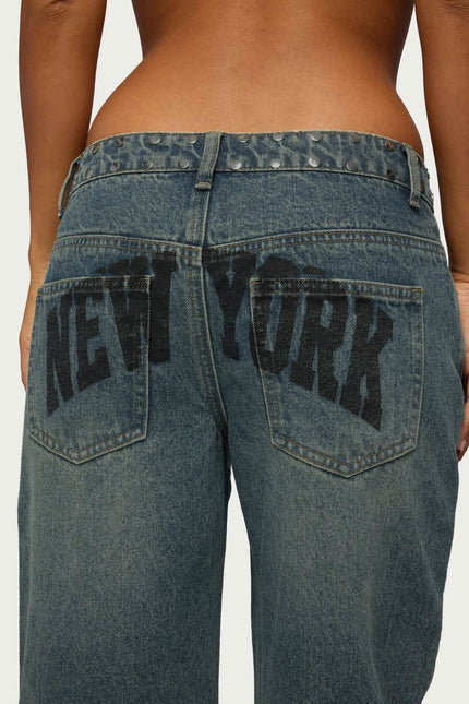 NYC Studded Low Rise Baggy Jeans - Blue Washed