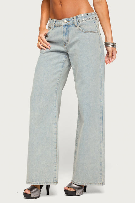 NYC Studded Low Rise Baggy Jeans - Light Blue Washed