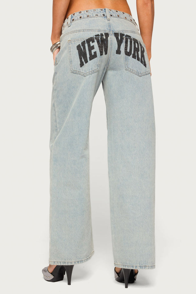 NYC Studded Low Rise Baggy Jeans - Light Blue Washed