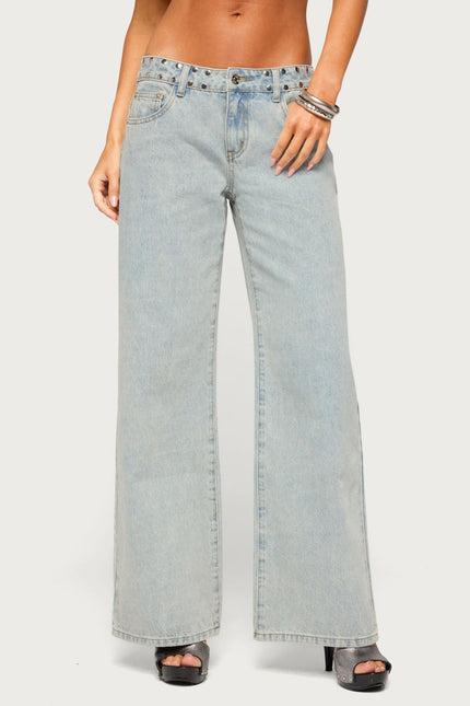 NYC Studded Low Rise Baggy Jeans - Light Blue Washed