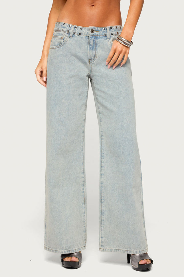NYC Studded Low Rise Baggy Jeans - Light Blue Washed
