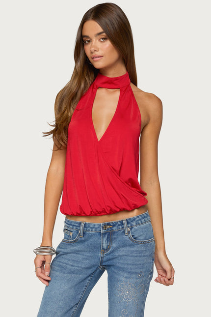 Lizah High Neck Cutout Wrap Top - Red