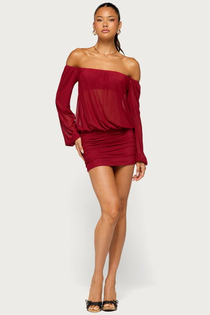 Jorie Sheer Mesh Off Shoulder Bubble Dress - Burgundy