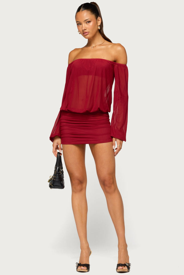 Jorie Sheer Mesh Off Shoulder Bubble Dress - Burgundy