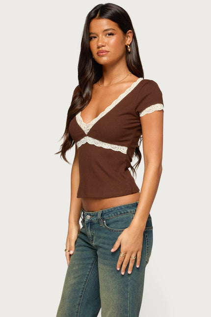 Juli Lacey Ribbed V Neck Top - Brown