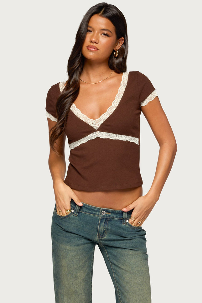 Juli Lacey Ribbed V Neck Top - Brown