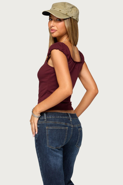 Mazzy Ruched Button Up Top - Burgundy