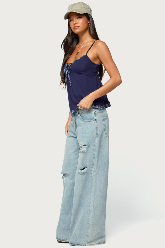 Lissey Plaid Tie Babydoll Top - Navy