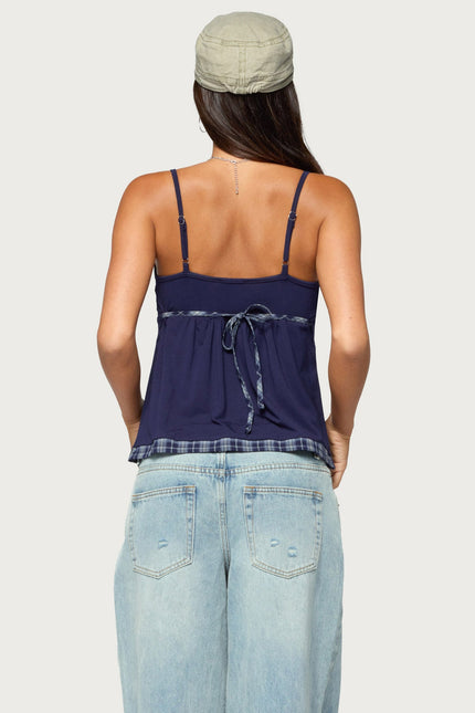Lissey Plaid Tie Babydoll Top - Navy