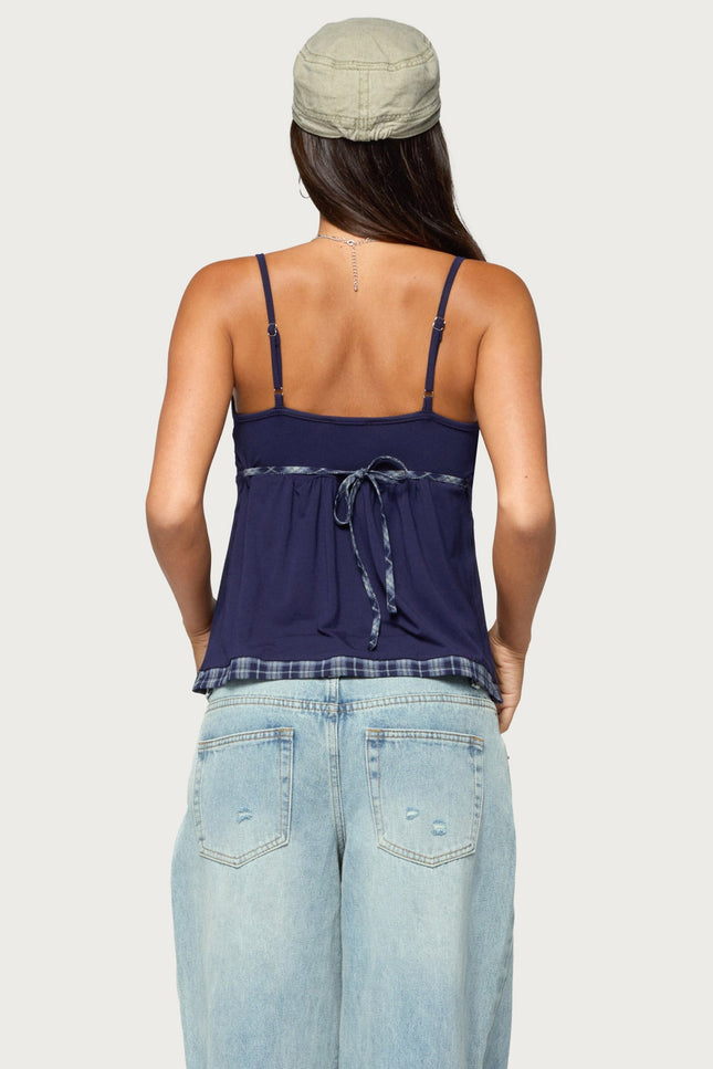 Lissey Plaid Tie Babydoll Top - Navy