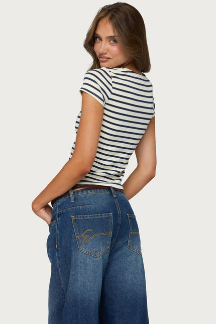 Bonita Striped Button Up Top - Cream And Navy
