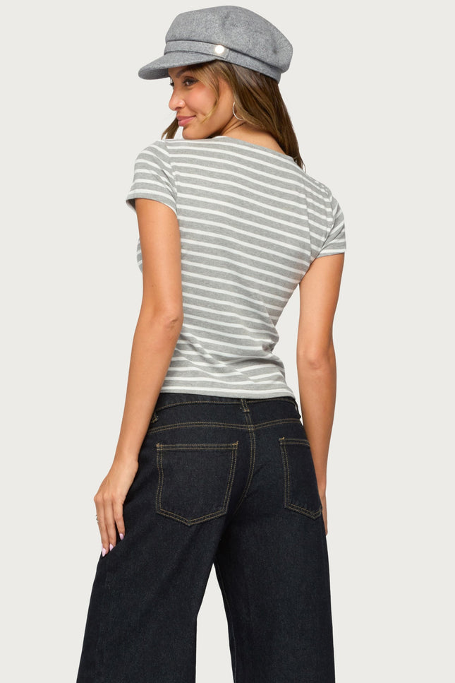 Bonita Striped Button Up Top - Light Gray Melange And White