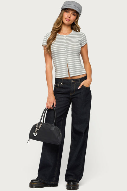 Bonita Striped Button Up Top - Light Gray Melange And White