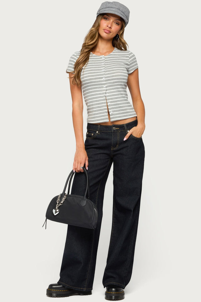 Bonita Striped Button Up Top - Light Gray Melange And White