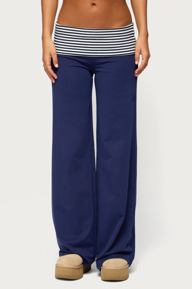 Maci Striped Foldover Pants - Navy And White