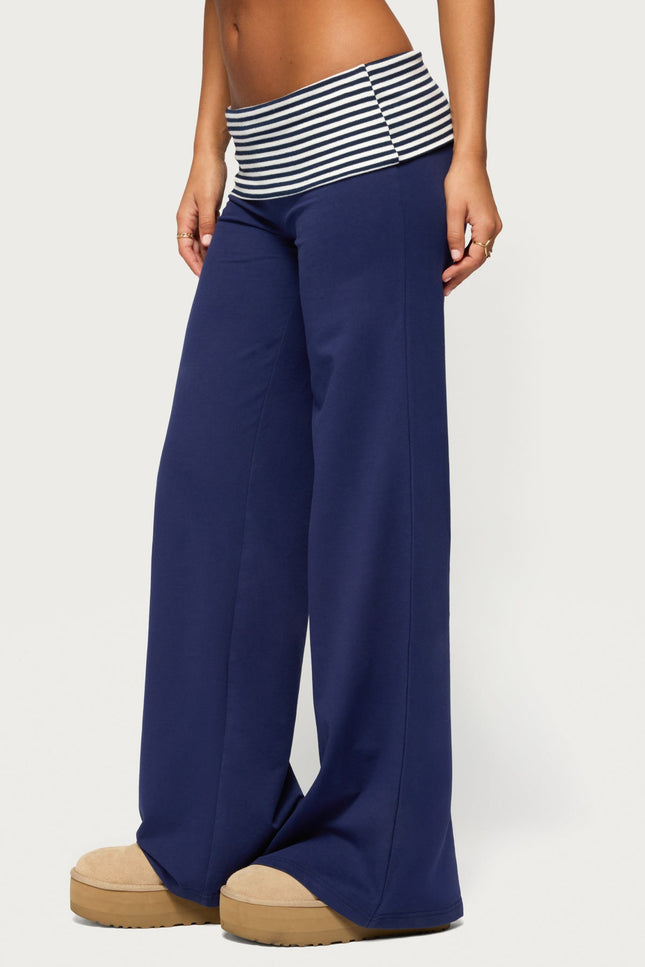 Maci Striped Foldover Pants - Navy And White