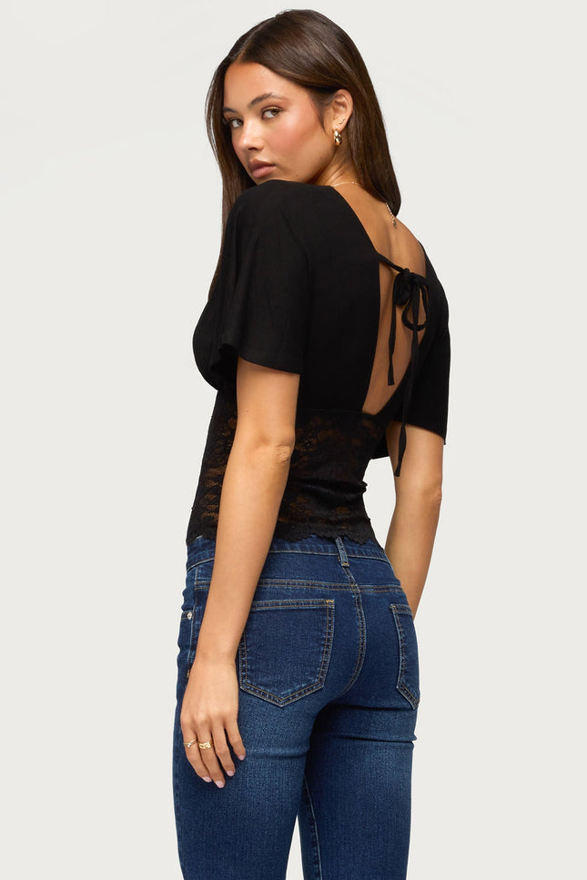 Jaeda Lacey Flutter Plunging Top - Black