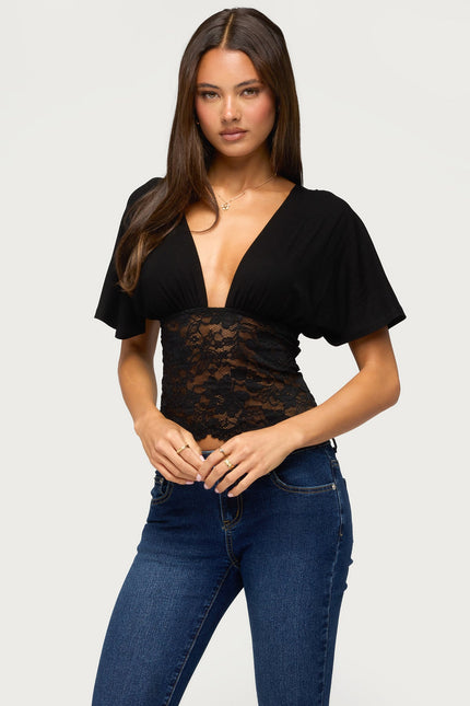 Jaeda Lacey Flutter Plunging Top - Black