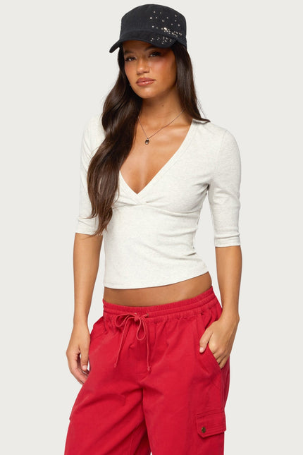 Garla V Neck Three-Quarter Sleeve Top - Light Gray Melange