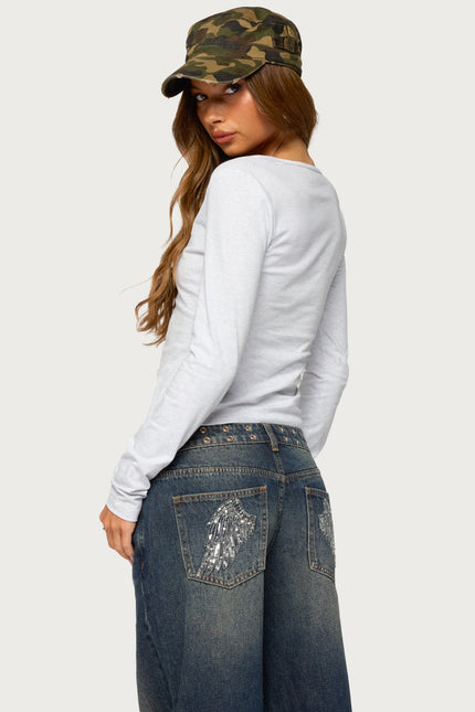 Feva V Neck Long Sleeve Top - Light Gray Melange