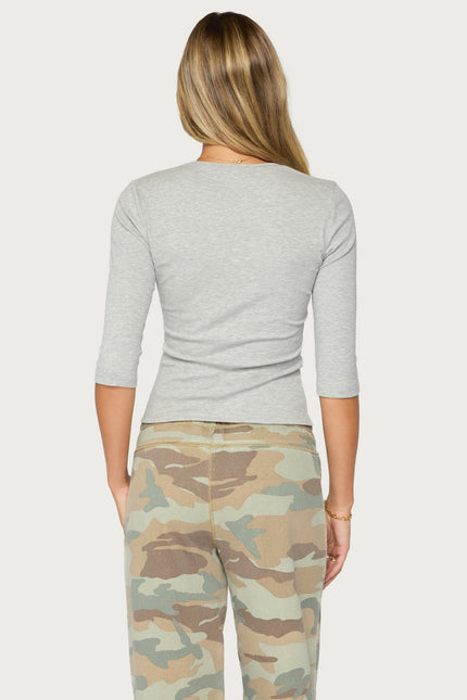 Quila Ribbed Three-Quarter Sleeve Top - Gray Melange