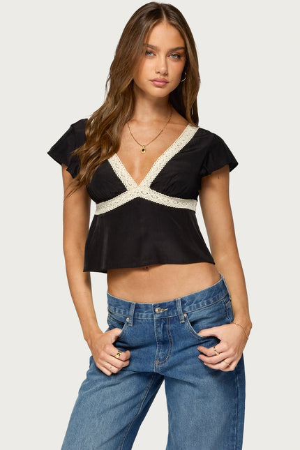 Kaela Lacey Flutter Sleeve Top - Black