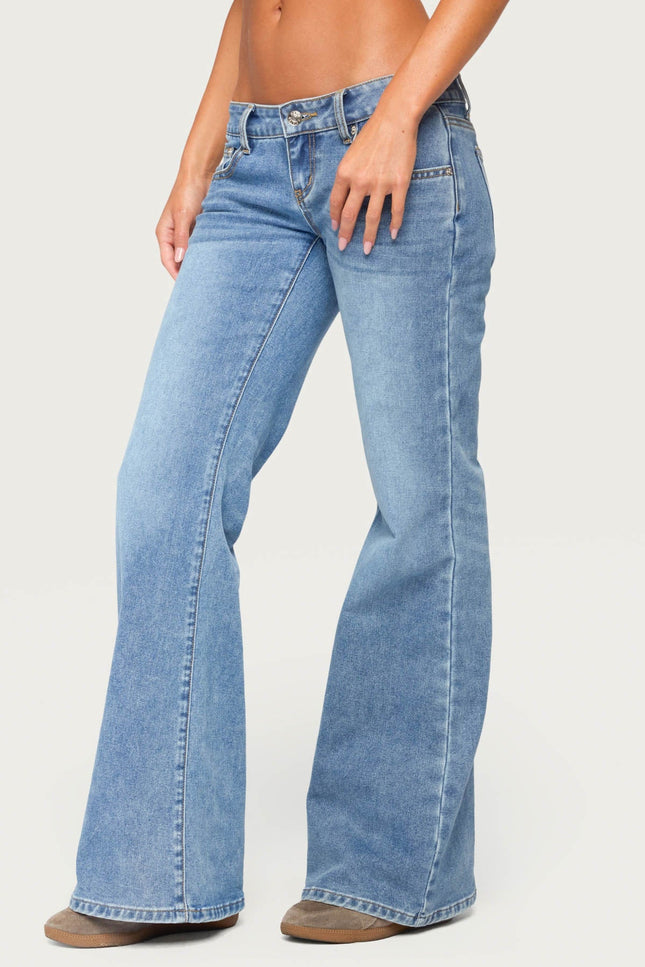 Girla Low Rise Wide Leg Jeans - Blue Washed