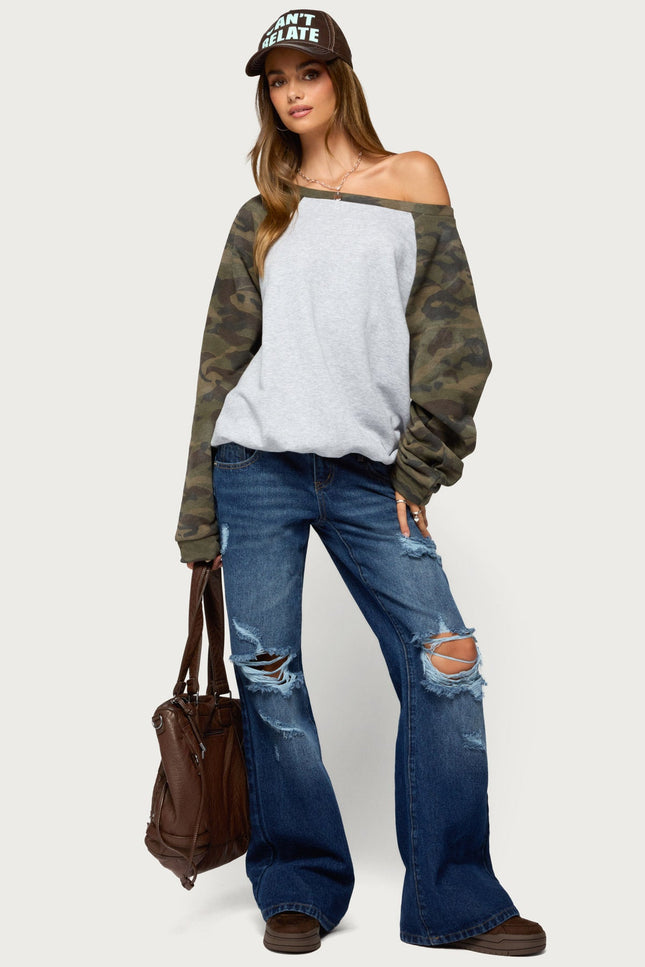 Huston Off Shoulder Camo Raglan Sweatshirt