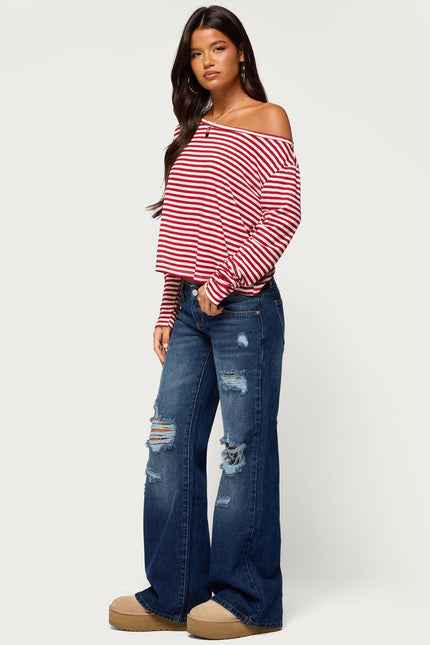 Kathee Striped Off Shoulder Top - Red And White