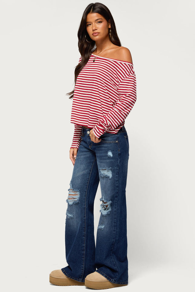 Kathee Striped Off Shoulder Top - Red And White