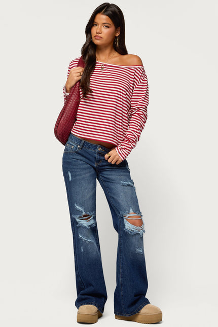 Kathee Striped Off Shoulder Top - Red And White