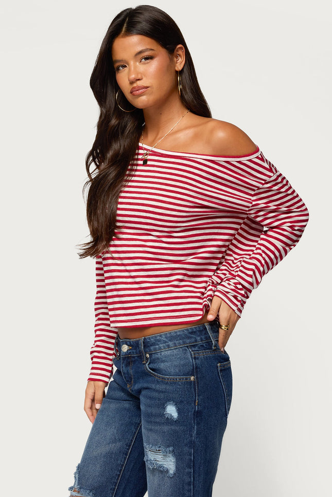 Kathee Striped Off Shoulder Top - Red And White