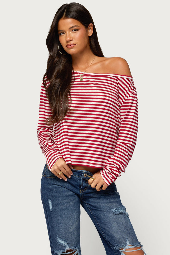 Kathee Striped Off Shoulder Top - Red And White